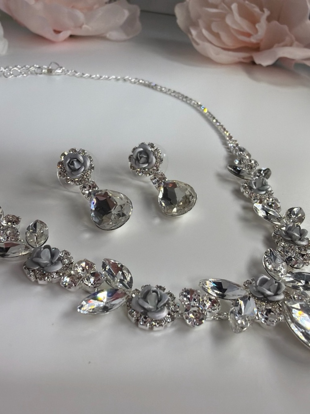 Silver Crystal Floral Necklace and Earrings Set - Women Jewelry